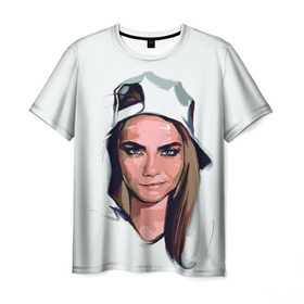 Мужская футболка 3D с принтом Кара Делевинь в Санкт-Петербурге, 100% полиэфир | прямой крой, круглый вырез горловины, длина до линии бедер | девушка | кара | кара делевинь | кепка | модель с бровями