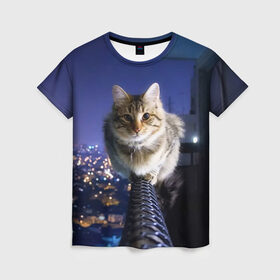 Женская футболка 3D с принтом Киса на балконе в Санкт-Петербурге, 100% полиэфир ( синтетическое хлопкоподобное полотно) | прямой крой, круглый вырез горловины, длина до линии бедер | cat | kitty | животные | киса | кот | котенок | котэ | кошка