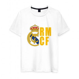 Мужская футболка хлопок с принтом Real Madrid - RM/CF в Санкт-Петербурге, 100% хлопок | прямой крой, круглый вырез горловины, длина до линии бедер, слегка спущенное плечо. | Тематика изображения на принте: 