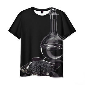 Мужская футболка 3D с принтом Водка и черная икра в Санкт-Петербурге, 100% полиэфир | прямой крой, круглый вырез горловины, длина до линии бедер | графин | еда | жидкость | закуска | темный | черный