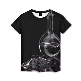 Женская футболка 3D с принтом Водка и черная икра в Санкт-Петербурге, 100% полиэфир ( синтетическое хлопкоподобное полотно) | прямой крой, круглый вырез горловины, длина до линии бедер | графин | еда | жидкость | закуска | темный | черный