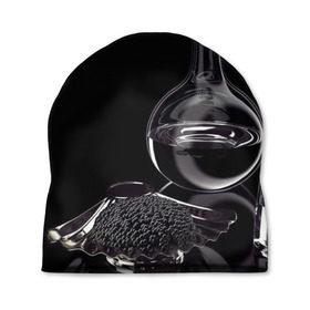 Шапка 3D с принтом Водка и черная икра в Санкт-Петербурге, 100% полиэстер | универсальный размер, печать по всей поверхности изделия | Тематика изображения на принте: графин | еда | жидкость | закуска | темный | черный