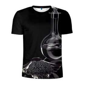 Мужская футболка 3D спортивная с принтом Водка и черная икра в Санкт-Петербурге, 100% полиэстер с улучшенными характеристиками | приталенный силуэт, круглая горловина, широкие плечи, сужается к линии бедра | Тематика изображения на принте: графин | еда | жидкость | закуска | темный | черный