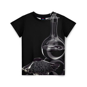 Детская футболка 3D с принтом Водка и черная икра в Санкт-Петербурге, 100% гипоаллергенный полиэфир | прямой крой, круглый вырез горловины, длина до линии бедер, чуть спущенное плечо, ткань немного тянется | графин | еда | жидкость | закуска | темный | черный