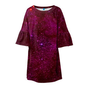 Детское платье 3D с принтом Розовые звёзды в Санкт-Петербурге, 100% полиэстер | прямой силуэт, чуть расширенный к низу. Круглая горловина, на рукавах — воланы | nebula | звезды | созвездие | туманность