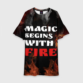 Детское платье 3D с принтом Волшебство начинается с огня в Санкт-Петербурге, 100% полиэстер | прямой силуэт, чуть расширенный к низу. Круглая горловина, на рукавах — воланы | fire | magic | magic begins with fire | алфавит | английский | большие | буквы | волшебство | горит | клевая | надпись | начинается | огонь | пожар | прикольная | с огня | слово | цитата