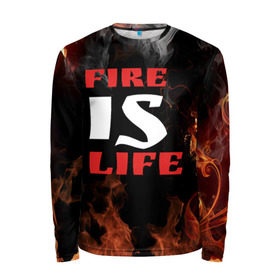 Мужской лонгслив 3D с принтом Fire is life (Огонь это жизнь) в Санкт-Петербурге, 100% полиэстер | длинные рукава, круглый вырез горловины, полуприлегающий силуэт | fire | is | life | алфавит | английский | большие | буквы | горит | жар | клевая | надпись | огонь | огонь это жизнь | пламя | пожар | полымя | прикольная | пыл | свет | слово | цитата