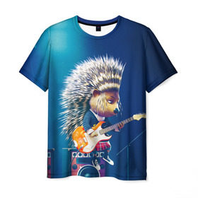 Мужская футболка 3D с принтом Животный рок в Санкт-Петербурге, 100% полиэфир | прямой крой, круглый вырез горловины, длина до линии бедер | бас | гитара | дикобраз | еж | ежик | колонки | музыка | рок