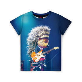 Детская футболка 3D с принтом Животный рок в Санкт-Петербурге, 100% гипоаллергенный полиэфир | прямой крой, круглый вырез горловины, длина до линии бедер, чуть спущенное плечо, ткань немного тянется | Тематика изображения на принте: бас | гитара | дикобраз | еж | ежик | колонки | музыка | рок