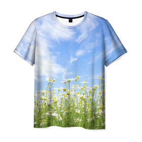 Мужская футболка 3D с принтом Ромашковое поле в Санкт-Петербурге, 100% полиэфир | прямой крой, круглый вырез горловины, длина до линии бедер | желтый | красный | любовь | новинки | подарок | розы | сердце | текстура | тюльпаны | цветы