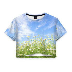 Женская футболка 3D укороченная с принтом Ромашковое поле в Санкт-Петербурге, 100% полиэстер | круглая горловина, длина футболки до линии талии, рукава с отворотами | желтый | красный | любовь | новинки | подарок | розы | сердце | текстура | тюльпаны | цветы