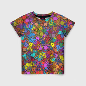 Детская футболка 3D с принтом Разноцветные отпечатки рук в Санкт-Петербурге, 100% гипоаллергенный полиэфир | прямой крой, круглый вырез горловины, длина до линии бедер, чуть спущенное плечо, ткань немного тянется | Тематика изображения на принте: клякса | краски | ладонь | пятна | рука | холи | цвет | цветные