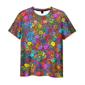 Мужская футболка 3D с принтом Разноцветные отпечатки рук в Санкт-Петербурге, 100% полиэфир | прямой крой, круглый вырез горловины, длина до линии бедер | Тематика изображения на принте: клякса | краски | ладонь | пятна | рука | холи | цвет | цветные