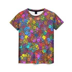 Женская футболка 3D с принтом Разноцветные отпечатки рук в Санкт-Петербурге, 100% полиэфир ( синтетическое хлопкоподобное полотно) | прямой крой, круглый вырез горловины, длина до линии бедер | Тематика изображения на принте: клякса | краски | ладонь | пятна | рука | холи | цвет | цветные
