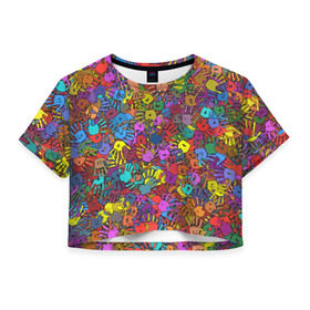 Женская футболка 3D укороченная с принтом Разноцветные отпечатки рук в Санкт-Петербурге, 100% полиэстер | круглая горловина, длина футболки до линии талии, рукава с отворотами | клякса | краски | ладонь | пятна | рука | холи | цвет | цветные