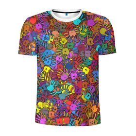 Мужская футболка 3D спортивная с принтом Разноцветные отпечатки рук в Санкт-Петербурге, 100% полиэстер с улучшенными характеристиками | приталенный силуэт, круглая горловина, широкие плечи, сужается к линии бедра | клякса | краски | ладонь | пятна | рука | холи | цвет | цветные