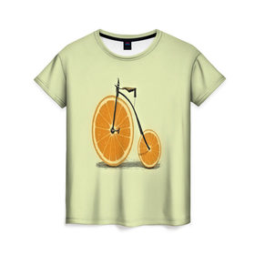 Женская футболка 3D с принтом Апельсиновый велосипед в Санкт-Петербурге, 100% полиэфир ( синтетическое хлопкоподобное полотно) | прямой крой, круглый вырез горловины, длина до линии бедер | 
