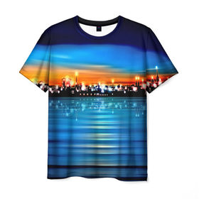 Мужская футболка 3D с принтом Вечерний город в Санкт-Петербурге, 100% полиэфир | прямой крой, круглый вырез горловины, длина до линии бедер | закат | пейзаж | яркий