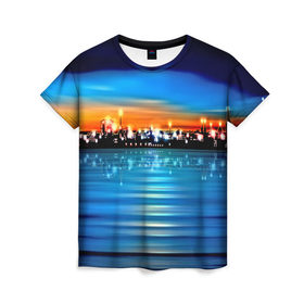 Женская футболка 3D с принтом Вечерний город в Санкт-Петербурге, 100% полиэфир ( синтетическое хлопкоподобное полотно) | прямой крой, круглый вырез горловины, длина до линии бедер | закат | пейзаж | яркий