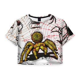 Женская футболка 3D укороченная с принтом Тарантул в Санкт-Петербурге, 100% полиэстер | круглая горловина, длина футболки до линии талии, рукава с отворотами | spider | паук | паутина | тарантул