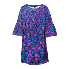 Детское платье 3D с принтом Загадочные совы в Санкт-Петербурге, 100% полиэстер | прямой силуэт, чуть расширенный к низу. Круглая горловина, на рукавах — воланы | Тематика изображения на принте: птица | птицы | синий | сиреневый | сова | толпа | филин | фиолетовый