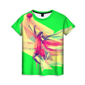 Женская футболка 3D с принтом Баскетбол в Санкт-Петербурге, 100% полиэфир ( синтетическое хлопкоподобное полотно) | прямой крой, круглый вырез горловины, длина до линии бедер | баскетболист | бросок | мяч | прыжок