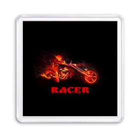 Магнит 55*55 с принтом Racer (гонщик) в Санкт-Петербурге, Пластик | Размер: 65*65 мм; Размер печати: 55*55 мм | байк | в огне | гонщик | дым | колесо | крутой | мото | мотоцикл | мотоциклист | надпись | огненный | огонь | пламя | полыхает | прикольная | скелет | фон | череп | черный