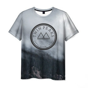 Мужская футболка 3D с принтом Twin Peaks в Санкт-Петербурге, 100% полиэфир | прямой крой, круглый вырез горловины, длина до линии бедер | Тематика изображения на принте: twin peaks | дэвид линч | лес | лора палмер | сова | твин пикс | туман