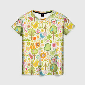 Женская футболка 3D с принтом Райские кущи в Санкт-Петербурге, 100% полиэфир ( синтетическое хлопкоподобное полотно) | прямой крой, круглый вырез горловины, длина до линии бедер | деревья | природа | птицы | сад | сова | цветы