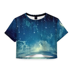 Женская футболка 3D укороченная с принтом Падение звёзд в Санкт-Петербурге, 100% полиэстер | круглая горловина, длина футболки до линии талии, рукава с отворотами | звездопад | месяц | ночь | пейзаж