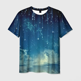 Мужская футболка 3D с принтом Падение звёзд в Санкт-Петербурге, 100% полиэфир | прямой крой, круглый вырез горловины, длина до линии бедер | звездопад | месяц | ночь | пейзаж