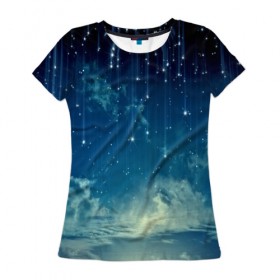 Женская футболка 3D с принтом Падение звёзд в Санкт-Петербурге, 100% полиэфир ( синтетическое хлопкоподобное полотно) | прямой крой, круглый вырез горловины, длина до линии бедер | звездопад | месяц | ночь | пейзаж