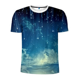 Мужская футболка 3D спортивная с принтом Падение звёзд в Санкт-Петербурге, 100% полиэстер с улучшенными характеристиками | приталенный силуэт, круглая горловина, широкие плечи, сужается к линии бедра | звездопад | месяц | ночь | пейзаж