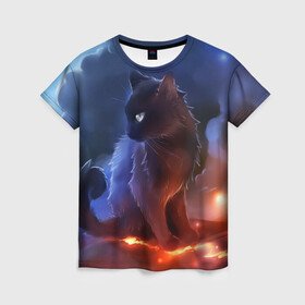 Женская футболка 3D с принтом Night cat в Санкт-Петербурге, 100% полиэфир ( синтетическое хлопкоподобное полотно) | прямой крой, круглый вырез горловины, длина до линии бедер | киска | кот | котёнок | кошка | небо | ночь | облака | огонь