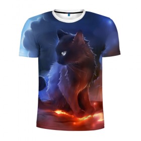 Мужская футболка 3D спортивная с принтом Night cat в Санкт-Петербурге, 100% полиэстер с улучшенными характеристиками | приталенный силуэт, круглая горловина, широкие плечи, сужается к линии бедра | Тематика изображения на принте: киска | кот | котёнок | кошка | небо | ночь | облака | огонь