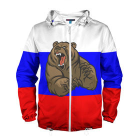 Мужская ветровка 3D с принтом Медведь в Санкт-Петербурге, 100% полиэстер | подол и капюшон оформлены резинкой с фиксаторами, два кармана без застежек по бокам, один потайной карман на груди | медведь | триколор | я русский