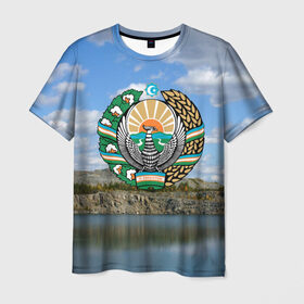 Мужская футболка 3D с принтом Узбекистан в Санкт-Петербурге, 100% полиэфир | прямой крой, круглый вырез горловины, длина до линии бедер | герб | гора | горы | озеро | природа | республика | узбекская сср