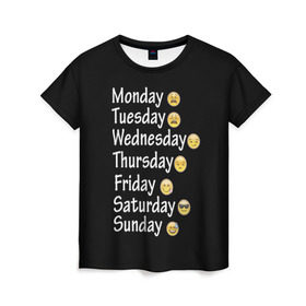 Женская футболка 3D с принтом футболка настроение дни недели в Санкт-Петербурге, 100% полиэфир ( синтетическое хлопкоподобное полотно) | прямой крой, круглый вырез горловины, длина до линии бедер | дни недели | настроение | позитив | смайлики