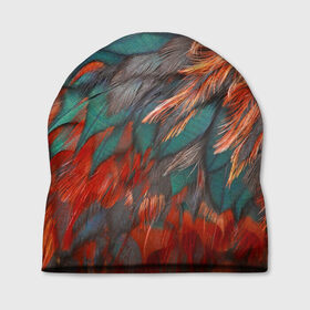 Шапка 3D с принтом Камуфляж перья в Санкт-Петербурге, 100% полиэстер | универсальный размер, печать по всей поверхности изделия | зеленые | красные | перья | птица