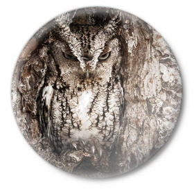 Значок с принтом Камуфляж сова в Санкт-Петербурге,  металл | круглая форма, металлическая застежка в виде булавки | дерево | пернатая | птица | филин