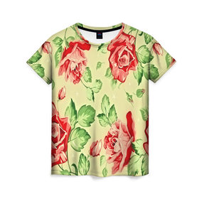 Женская футболка 3D с принтом Розочки в Санкт-Петербурге, 100% полиэфир ( синтетическое хлопкоподобное полотно) | прямой крой, круглый вырез горловины, длина до линии бедер | паттерн | цветы