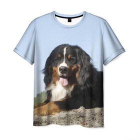 Мужская футболка 3D с принтом Бернский зенненхунд в Санкт-Петербурге, 100% полиэфир | прямой крой, круглый вырез горловины, длина до линии бедер | Тематика изображения на принте: голубое небо | друг человека | животное | красивая | милая | овчарка | пес | породистая собака | породы | прикольная | природа | рыжий | черный | щенок