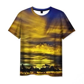 Мужская футболка 3D с принтом Мальдивы в Санкт-Петербурге, 100% полиэфир | прямой крой, круглый вырез горловины, длина до линии бедер | берег | бунгало | ветки | горизонт | города | закат | корабль | мальдивы | море | отдых | пальмы | песок | пирс | страны | тропики