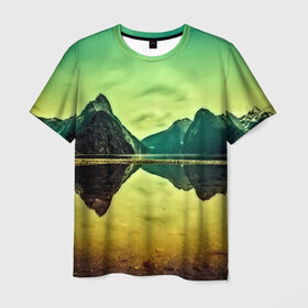 Мужская футболка 3D с принтом Новая Зеландия в Санкт-Петербурге, 100% полиэфир | прямой крой, круглый вырез горловины, длина до линии бедер | humboldt | горы | деревья | долина | зелень | лес | небо | новая зеландия | облака | панорама | река | солнечно