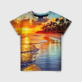 Детская футболка 3D с принтом Гавайи в Санкт-Петербурге, 100% гипоаллергенный полиэфир | прямой крой, круглый вырез горловины, длина до линии бедер, чуть спущенное плечо, ткань немного тянется | Тематика изображения на принте: hawaii | гавайи | газон | горизонт | море | небо | облака | пальмы | побережье | скалы | солнце | сша | тропики