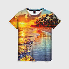 Женская футболка 3D с принтом Гавайи в Санкт-Петербурге, 100% полиэфир ( синтетическое хлопкоподобное полотно) | прямой крой, круглый вырез горловины, длина до линии бедер | hawaii | гавайи | газон | горизонт | море | небо | облака | пальмы | побережье | скалы | солнце | сша | тропики
