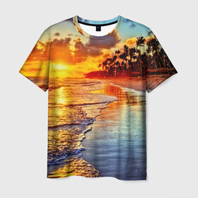 Мужская футболка 3D с принтом Гавайи в Санкт-Петербурге, 100% полиэфир | прямой крой, круглый вырез горловины, длина до линии бедер | Тематика изображения на принте: hawaii | гавайи | газон | горизонт | море | небо | облака | пальмы | побережье | скалы | солнце | сша | тропики