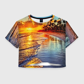 Женская футболка 3D укороченная с принтом Гавайи в Санкт-Петербурге, 100% полиэстер | круглая горловина, длина футболки до линии талии, рукава с отворотами | hawaii | гавайи | газон | горизонт | море | небо | облака | пальмы | побережье | скалы | солнце | сша | тропики
