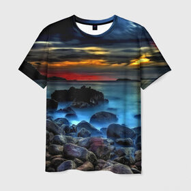 Мужская футболка 3D с принтом Скалистый берег в Санкт-Петербурге, 100% полиэфир | прямой крой, круглый вырез горловины, длина до линии бедер | Тематика изображения на принте: закат | море | небо | пейзаж | пестрый