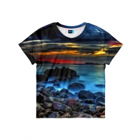 Детская футболка 3D с принтом Скалистый берег в Санкт-Петербурге, 100% гипоаллергенный полиэфир | прямой крой, круглый вырез горловины, длина до линии бедер, чуть спущенное плечо, ткань немного тянется | Тематика изображения на принте: закат | море | небо | пейзаж | пестрый